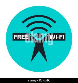 Accesso WI-FI gratuito.Logotip la figura stilizzata della persona a distribuire un segnale con un banner sulla isolato sfondo blu. Connessione pubblicitari Illustrazione Vettoriale