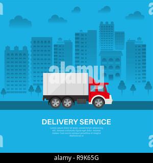 Veicolo da carico sullo sfondo della città. Un motore van del servizio di consegna in zona residenziale del massiccio. Trasporto rapido di merci. Un vettore malato Illustrazione Vettoriale