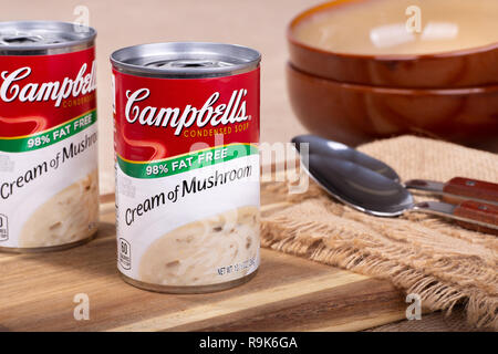 Dicembre 21, 2018:Closeup di due lattine di Campbells Crema di funghi condensata su un banco di cucina Foto Stock