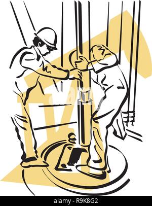 Illustrazione di un lavoratore di olio durante il lavoro in un impianto di trivellazione petrolifera Illustrazione Vettoriale