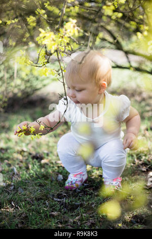 Un anno giocando da solo sotto la fioritura di coltivazione in un parco Foto Stock