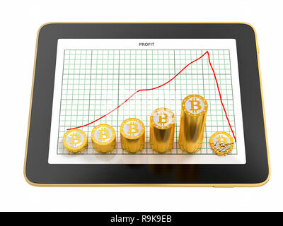 Bitcoin Crash - Tablet che mostra il profitto grafico con pile di golden Bitcoins su di essa - il rendering 3D Foto Stock