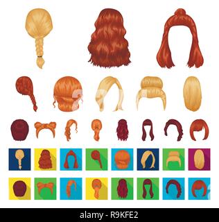 Retro,barberia,beauty,braid,cartoon,appartamento,raccolta,pettinate,curl,dark,design,fashion,femmina,capelli,haircut,pettinatura,parrucchiere,l'acconciatura,icona,immagine,isolato,kara,luce,logo,long,Modello,altri tipi,paint,pebble,rosso,salon,impostare,segno,spit,stile,styling,il simbolo,coda,tipo,varietà,vettore,web,donna, Vettori vettore , Illustrazione Vettoriale