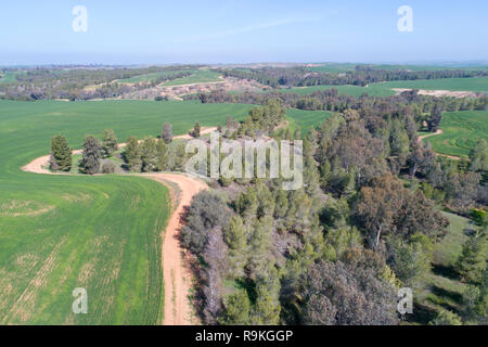 Vista aerea di terreni agricoli e di natura nel centro di Israele lungo il torrente Yarkon. Fotografato in inverno a febbraio Foto Stock