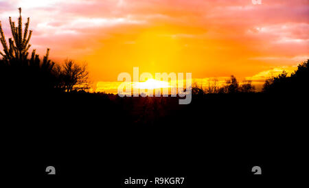 Splendido tramonto in un paesaggio di erica con il rosa nubi stratosferiche polari, un fenomeno meteorologico che i colori del cielo Foto Stock