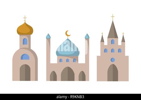 Set di icone sul tema della religione. Illustrazione vettoriale. Chiese cattoliche e ortodosse. Moschea Illustrazione Vettoriale