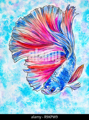 Colorate in blu magic pesce nuota su uno sfondo color turchese. Illustrazione disegnata in acquerello e inchiostro Foto Stock