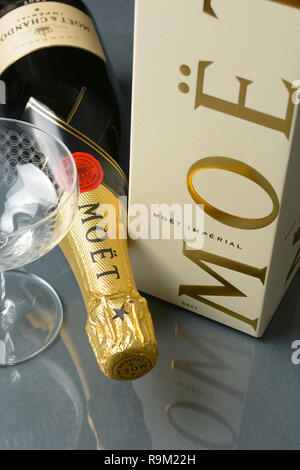 Bottiglia di Moët & Chandon. Moët & Chandon è uno dei più grandi produttori di champagne nel mondo. Fondata nel 1743, oggi detiene oltre 1500 acri di vigneti Foto Stock