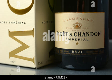 Bottiglia di Moët & Chandon. Moët & Chandon è uno dei più grandi produttori di champagne nel mondo. Fondata nel 1743, oggi detiene oltre 1500 acri di vigneti Foto Stock