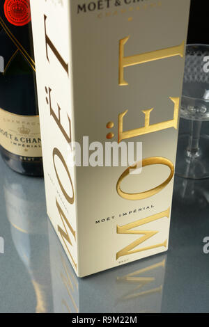 Bottiglia di Moët & Chandon. Moët & Chandon è uno dei più grandi produttori di champagne nel mondo. Fondata nel 1743, oggi detiene oltre 1500 acri di vigneti Foto Stock