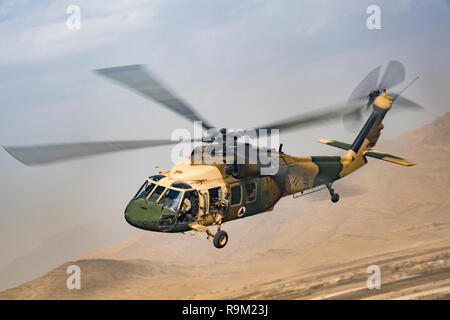 Un Afghan Air Force UH-60 Blackhawk pilotato da un afghane e pilota americano volare in formazione 8 dicembre 2018, durante la partecipazione della NATO ha portato la risoluta di supporto alla missione in Afghanistan. La missione del treno, consulenza, assistenza, Command-Air è di addestrare, consigliare e assistere i partner afghani a sviluppare un professionista, capace e sostenibile della forza dell'aria. TAAC-Air sfrutta il treno, consigliare e assistere le attività in concerto con forti relazioni personali, per creare professional aviatori afghano in grado di pianificazione, leader, impiegando, e decisivo sostegno airpower operazioni. (U.S. Air Force foto personale/sg Foto Stock