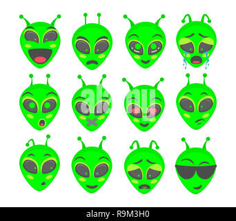 Alien face gli Emoji. Verde Alien testa. Illustrazione umanoide impostato Foto Stock