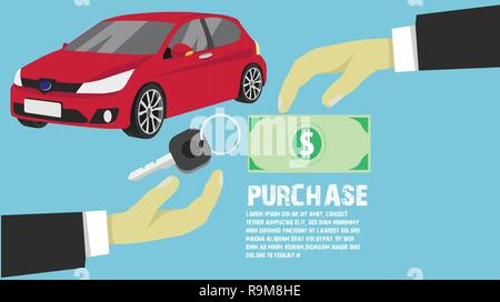 Happy business acquisto nuova vettura per dare come un grande dono nel giorno di Capodanno. I bracci si fermò per lo scambio di denaro con i tasti. Illustrazione Vettoriale