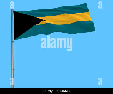 Isolare la bandiera delle Bahamas su un pennone che fluttua nel vento su sfondo blu, rendering 3D Foto Stock