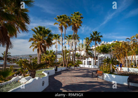 COSTA ADEJE, TENERIFE - APRILE 8,2014: bel lungomare vicino a Hotel Jardin Tropical in Costa Adeje a Tenerife, Isole Canarie, Spagna. Foto Stock