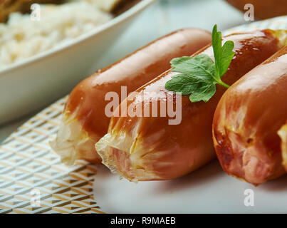 Longanisa , Salsiccia filippino chorizos, cucina Filippina, tradizionali piatti assortiti, vista dall'alto. Foto Stock