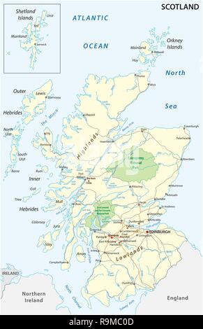 Alta Scozia dettagliata su strada e nationalpark mappa di etichettatura Illustrazione Vettoriale
