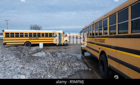 Chicago, Stati Uniti d'America. Il 25 dicembre 2018. Una flotta di primo studente scuolabus sono parcheggiate per le vacanze di Natale. Primo studente è la scuola leader di soluzioni di trasporto provider in America del Nord. La sua società madre è il primo del Regno Unito, il Group plc, i cui interessi includono autobus e servizi di trasporto ferroviario internazionale. Credito: Stephen Chung / Alamy Live News Foto Stock