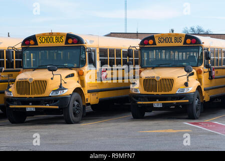 Chicago, Stati Uniti d'America. Il 25 dicembre 2018. Una flotta di primo studente scuolabus sono parcheggiate per le vacanze di Natale. Primo studente è la scuola leader di soluzioni di trasporto provider in America del Nord. La sua società madre è il primo del Regno Unito, il Group plc, i cui interessi includono autobus e servizi di trasporto ferroviario internazionale. Credito: Stephen Chung / Alamy Live News Foto Stock