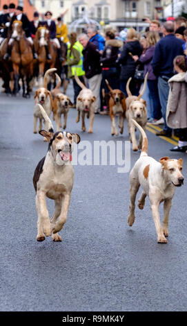 Thornbury, Gloucestershire, UK. Il 26 dicembre 2018. Il Berkeley Hunt si incontrano a Thornbury annuale di Boxing Day si incontrano. Sempre popolare Natale tradizione attira la folla a vedere lo spettacolo di Berkely caccia al galoppo con hounds attraverso Thornbury High St. ©Alamy Live News / Signor Standfast Credito: Signor Standfast/Alamy Live News Foto Stock