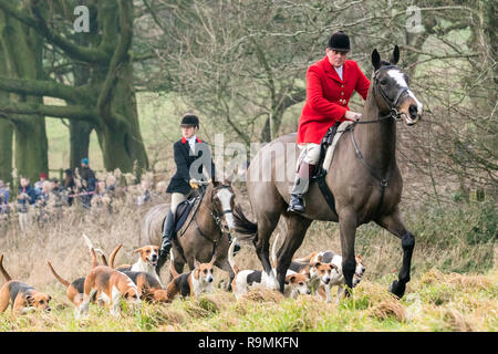 Rivington, Lancashire, Regno Unito. Il 26 dicembre 2018. L annuale Holcombe Boxing Day hunt avviene nel pittoresco villaggio di Lancashire di Rivington vicino a Chorley. Cavalli e Cavalieri si riuniscono per un giro di quattro circuito per le centinaia di spettatori prima di Master of Hounds, Sue Simmonds, dà il via libera per il puro evento tradizionale per iniziare. Credito: Cernan Elias/Alamy Live News Foto Stock