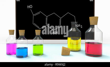 Bottiglie con liquidi in aula di chimica sulla scrivania e lavagna con formula di serotonina. Medico e concetto di scienza. 3D illustrazione Foto Stock