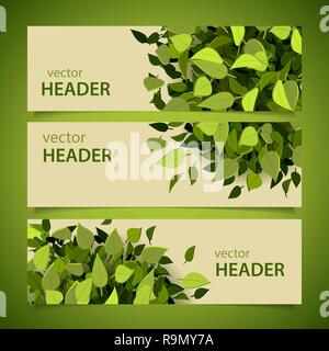 Set di intestazioni di verde con foglie e banner, illustrazione vettoriale Illustrazione Vettoriale