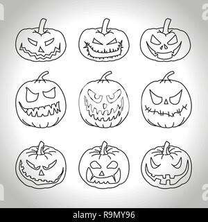 Linea piatta zucche di Halloween set, illustrazione vettoriale Illustrazione Vettoriale