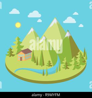 Paesaggio di montagna con alberi di pino della casa e del fiume in stile appartamento, eco scena, illustrazione vettoriale Illustrazione Vettoriale