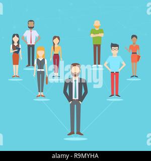 Set di gente di affari, raccolta di diversi caratteri collegati in rete piatta in stile cartoon, illustrazione vettoriale Illustrazione Vettoriale