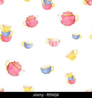 Tazze e bollitore acquerello in stile vintage clip art color rosso modello blu su sfondo bianco. Foto Stock