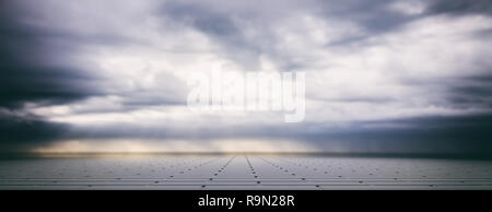 Nuvoloso cielo scuro dello sfondo. Cielo grigio su piastrelle di calcestruzzo pavimentazione, banner. 3d illustrazione Foto Stock