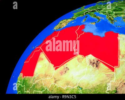 Regione del Maghreb dallo spazio. Il pianeta terra con i confini del paese ed estremamente elevato dettaglio del pianeta superficie. 3D'illustrazione. Gli elementi di questa immagine furn Foto Stock