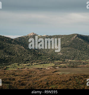 Vigne, boschi e macchia mediterranea nella valle al di sotto dell'antico villaggio sulla collina di Sant Antonino nella regione della Balagne in Corsica Foto Stock