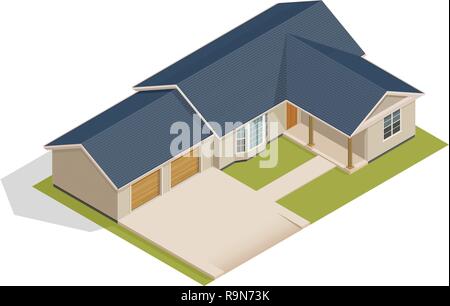 Vector isometrica casa suburbana con doppio garage - illustrazione su bianco Illustrazione Vettoriale