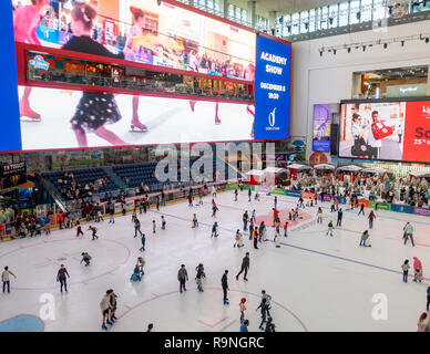 La pista di pattinaggio su ghiaccio all'interno del centro commerciale di Dubai, Dubai, Emirati Arabi Uniti. Foto Stock