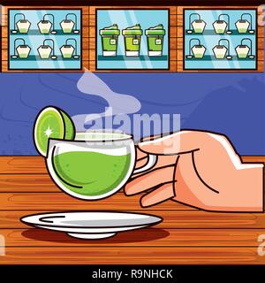 Mano con una deliziosa tazza di tè e caffè e limone illustrazione vettoriale design Illustrazione Vettoriale