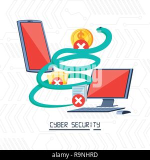 Smartphone e computer desktop con icone di cyber security illustrazione vettoriale design Illustrazione Vettoriale