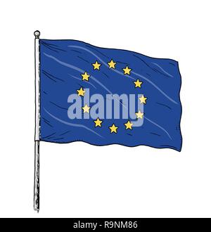 Bandiera dell'Unione europea disegno - vintage come illustrazione della bandiera dell'UE. Banner blu su sfondo bianco. Illustrazione Vettoriale