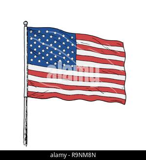 Bandiera americana disegno - vintage come illustrazione a colori della bandiera degli Stati Uniti d'America. Banner su sfondo bianco. Illustrazione Vettoriale