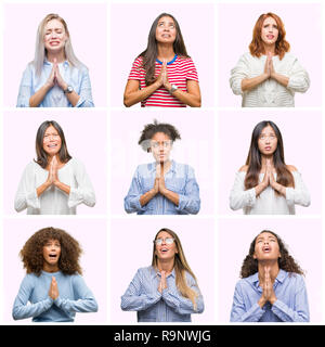 Collage di giovani donne su rosa sfondo isolato a mendicare e a pregare con le mani insieme con speranza l'espressione sul viso molto emotivo e preoccupati. Foto Stock