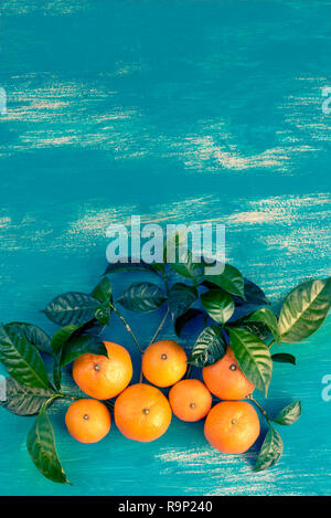 Mature tangerini con foglie di colore verde su un brillante sfondo blu. Vista superiore piatta copia laici spazio Foto Stock