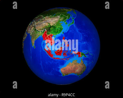 L'ASEAN memeber membri sul pianeta il pianeta Terra con i confini. Estremamente dettagliato pianeta superficie. 3D'illustrazione. Gli elementi di questa immagine arredate Foto Stock