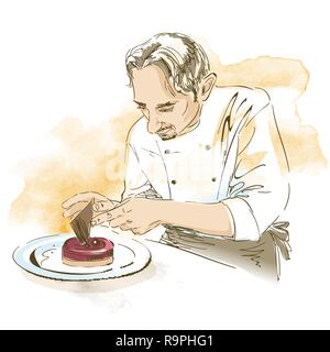 Pastry chef cucinare deserto. Disegnata a mano illustrazione vettoriale su acquerello artistico dello sfondo. Illustrazione Vettoriale