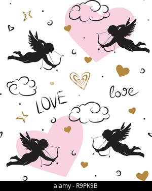 Seamless pattern romantica con amorini. Simboli di amore, segni, icone. Il giorno di San Valentino o sfondo di matrimonio. Illustrazione Vettoriale