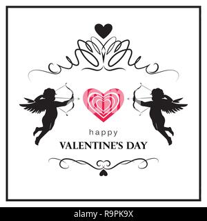 Fiorire il giorno di San Valentino card con amorini. Il giorno di San Valentino logo, simbolo, segno, icona. Illustrazione Vettoriale