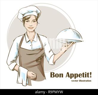 Sorridente e felice chef femmina. Lo chef donna è in possesso di un ristorante cloche. Disegnata a mano illustrazione vettoriale. Illustrazione Vettoriale