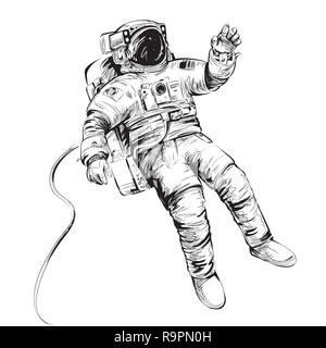 Cosmonauta o astronauta in tuta spaziale. Illustrazione di vettore isolato su bianco. Illustrazione Vettoriale
