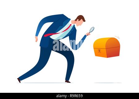 Imprenditore controlli attentamente il mistero cassapanche. Il concetto di Business illustrazione vettoriale. Illustrazione Vettoriale