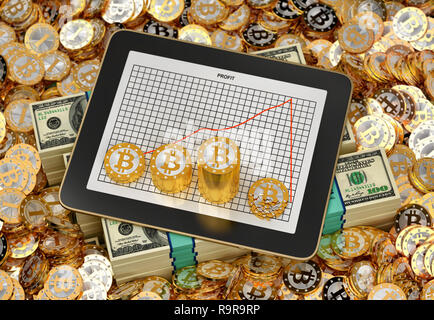 Bitcoin Crash - Tablet che mostra il profitto grafico con pile di golden Bitcoins su di essa - il rendering 3D Foto Stock